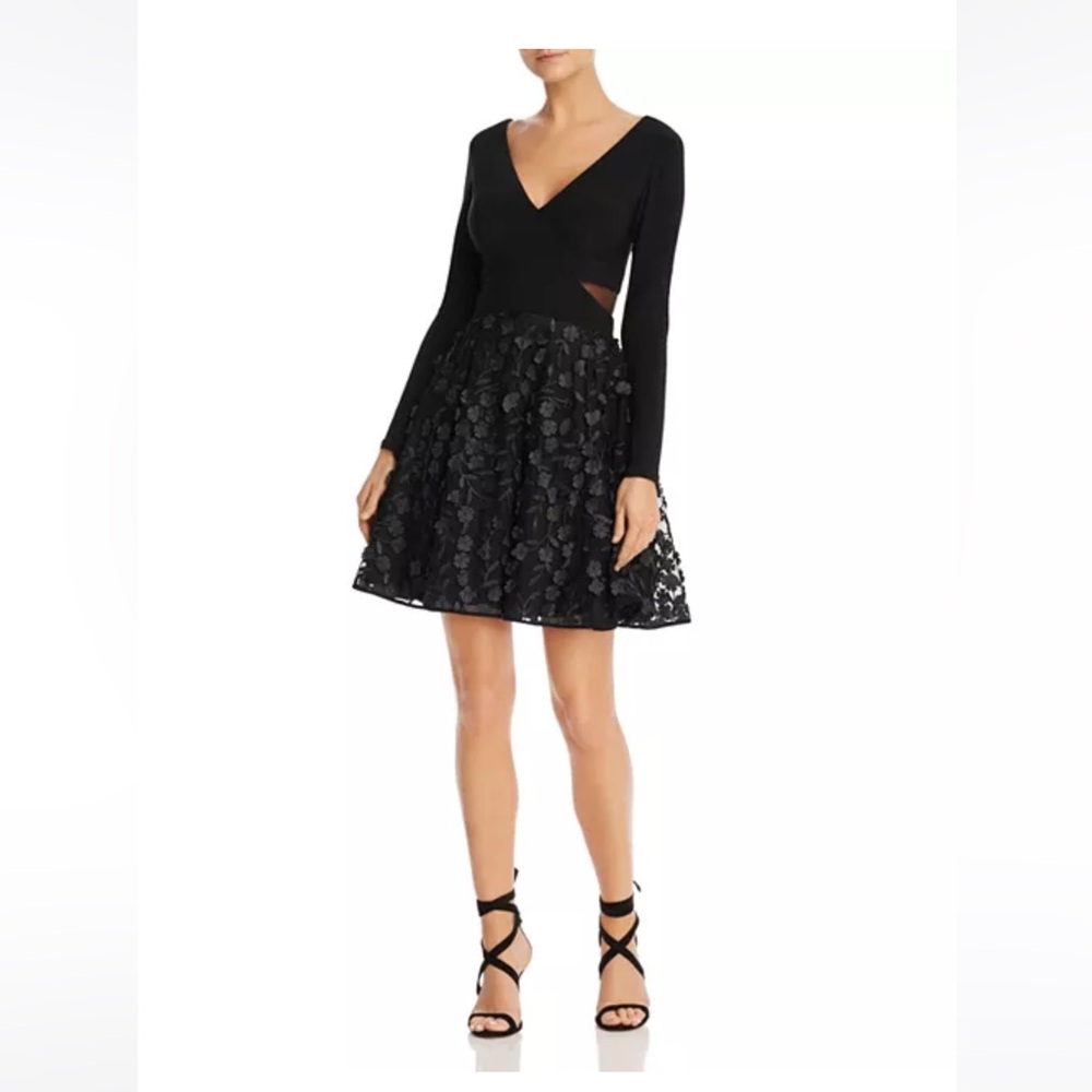 Aqua Black Fit and Flare Long Sleeve Cocktail Dress
